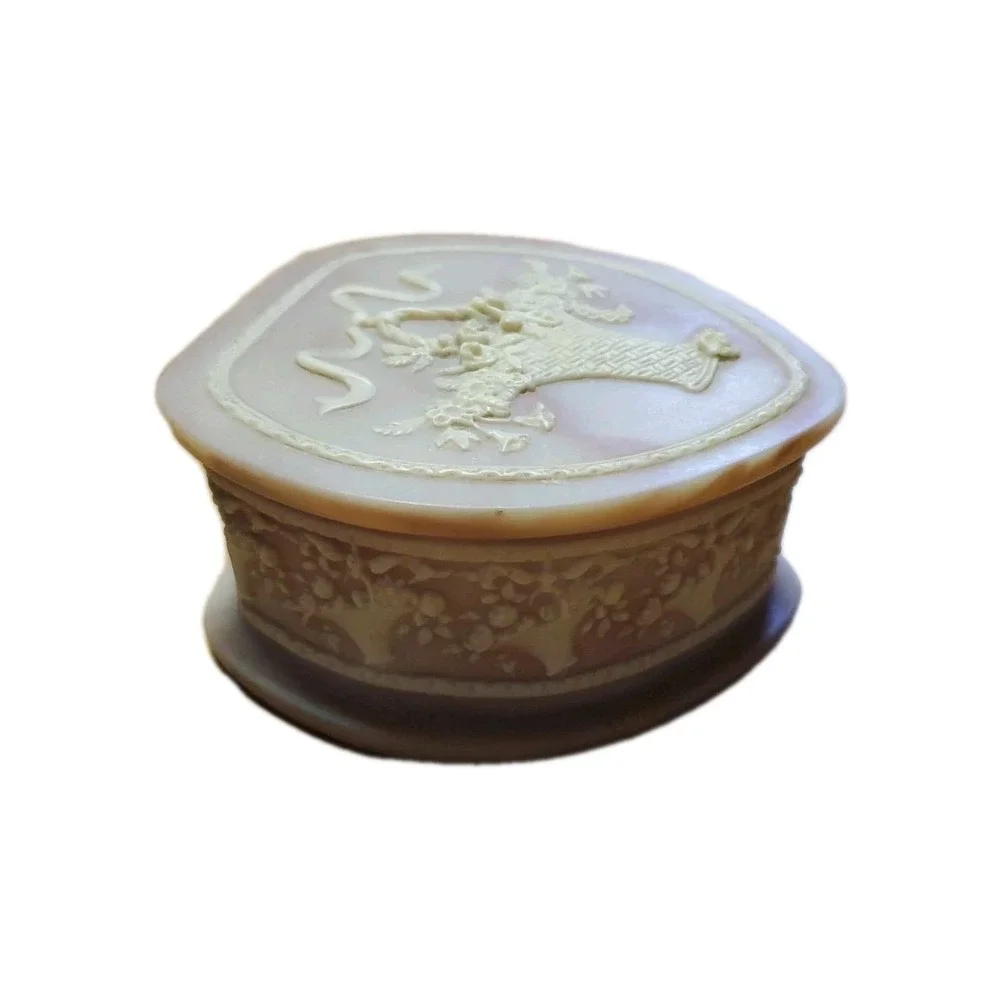 Genuine Incolay Stone Heart Shape Jewelry Trinket Box with Flower Basket Design‎